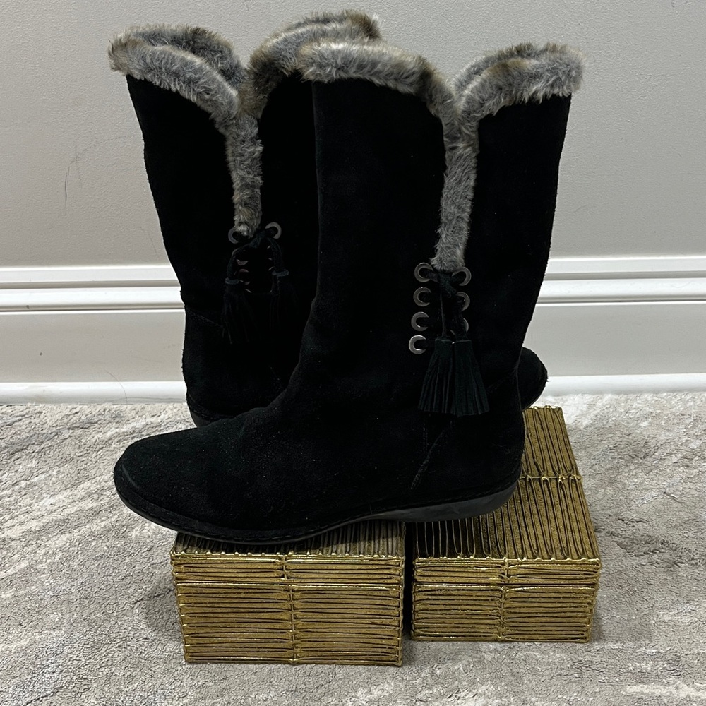 Stuart Weitzman black suede shin height, winter boots. Faux fur lined, sz 8 1/2.